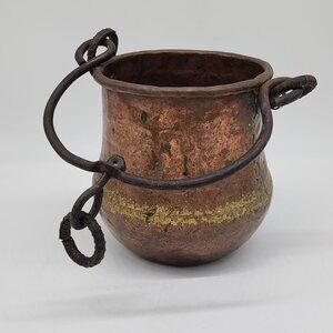 Antique Hammered Copper & Brass Kettle Cauldron Pot with Iron Handle 8" Tall